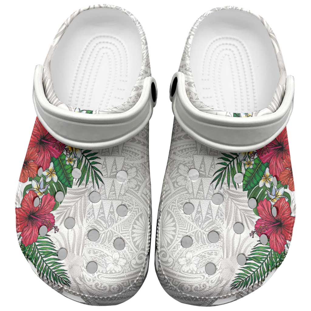 Hawaiian Tropical Plants Clogs Shoes Kakau Tattoo and Polynesian Pattern Half Black White LT03