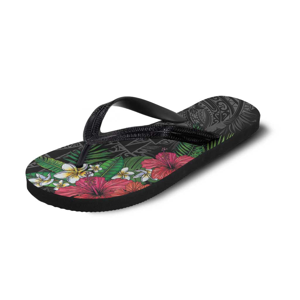 Hawaiian Tropical Plants Flip Flops Kakau Tattoo and Polynesian Pattern Half Black Color