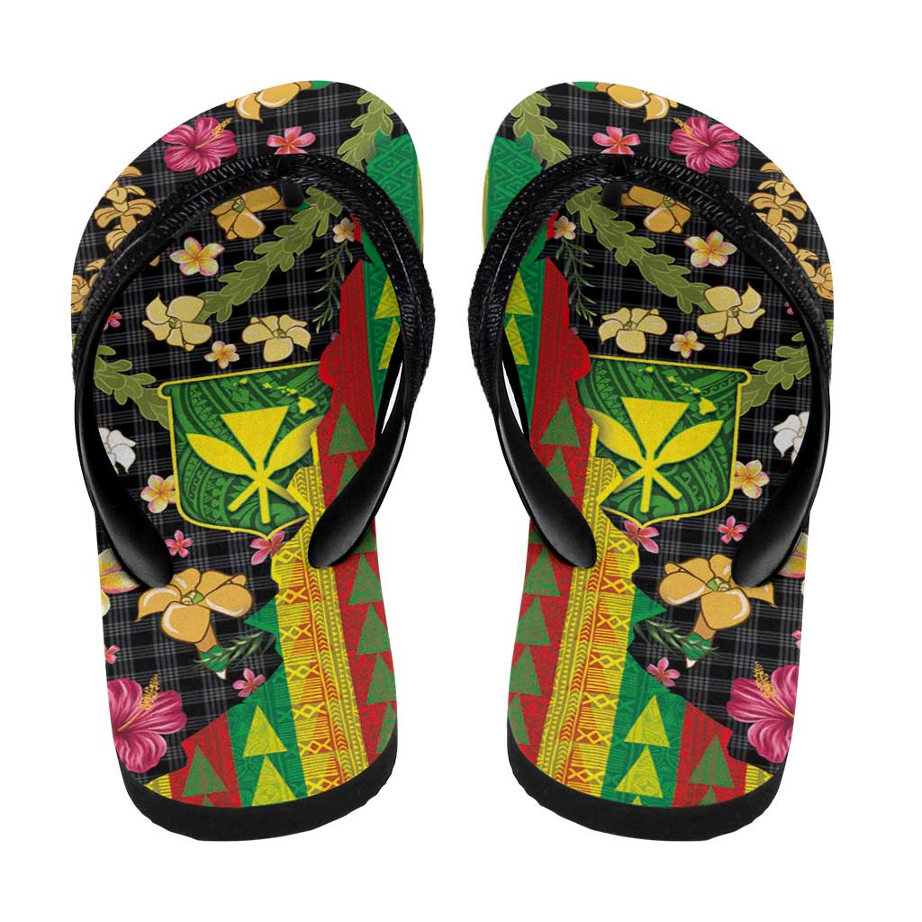 Hawaiian Tropical Plants Lei Flip Flops with Palaka Pattern and Kanaka Maoli Tribal Motifs - Polynesian Pride