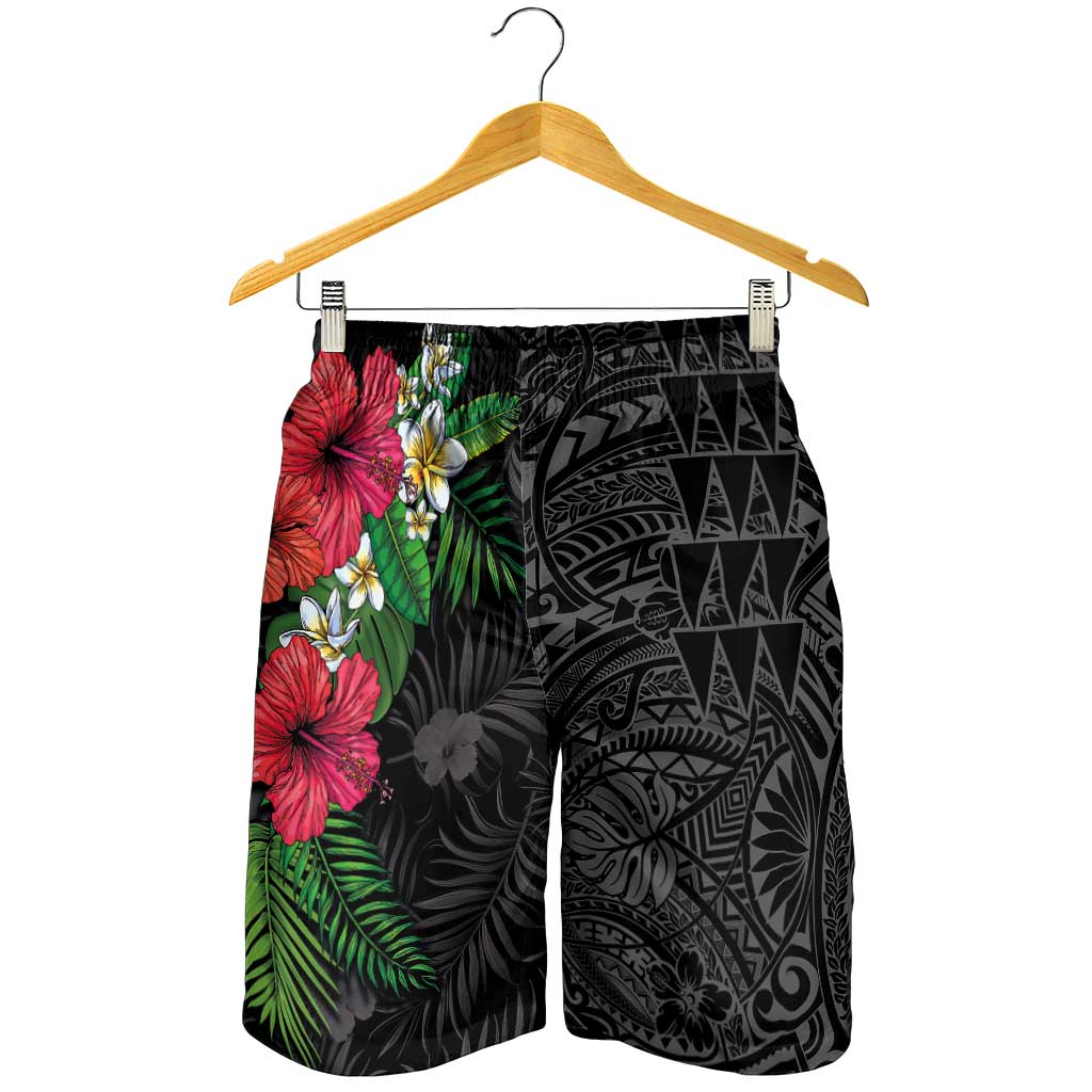 Hawaiian Tropical Plants Shorts for Men Kakau Tattoo and Polynesian Pattern Half Black Color LT03 - Polynesian Pride