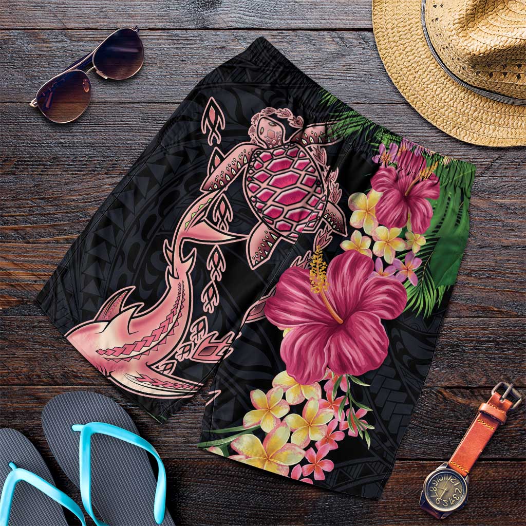 Hawaiian Tropical Plants Turtle and Shark Shorts for Men Polynesian Art Tattoo LT03 Black - Polynesian Pride