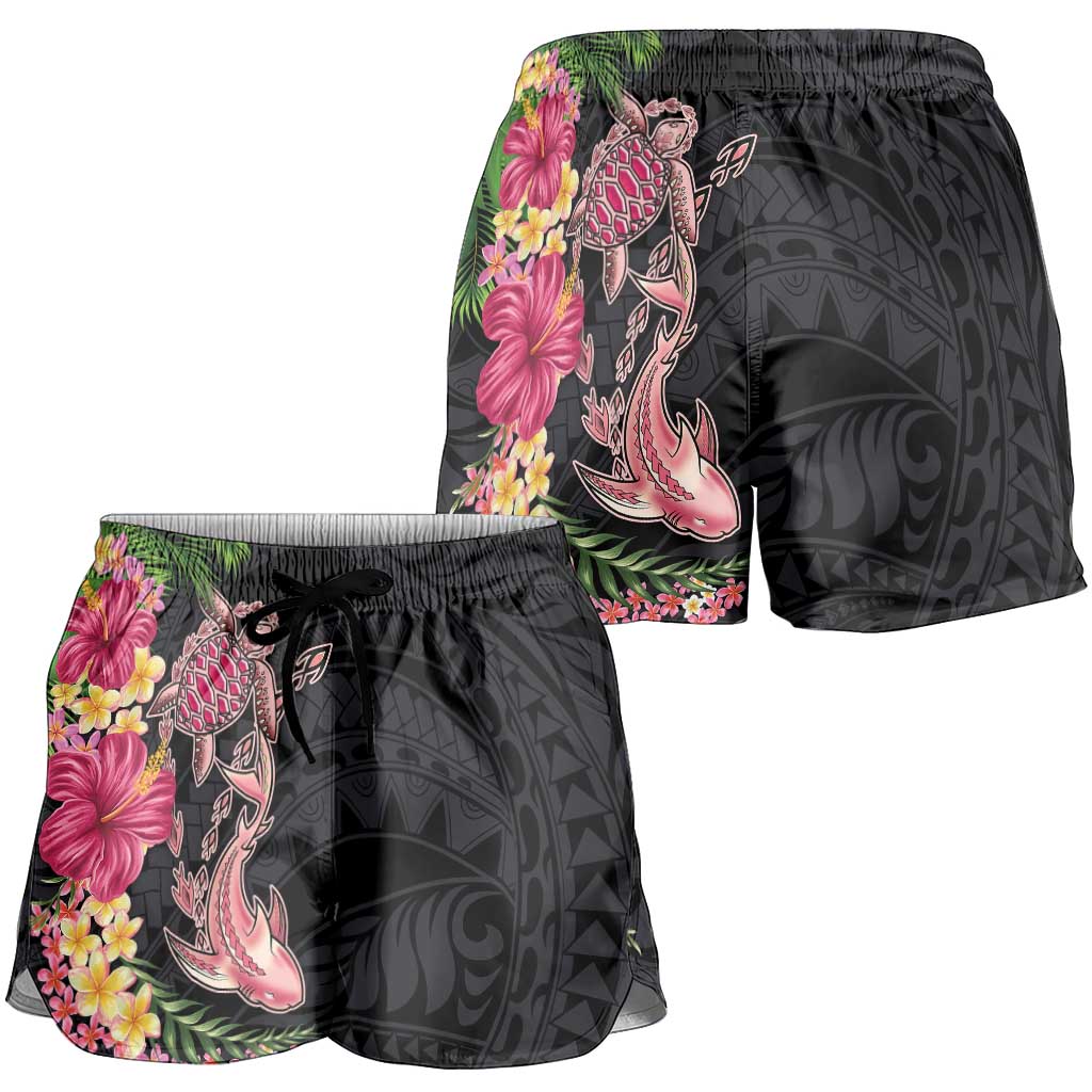 Hawaiian Tropical Plants Turtle and Shark Shorts for Women Polynesian Art Tattoo - Polynesian Pride