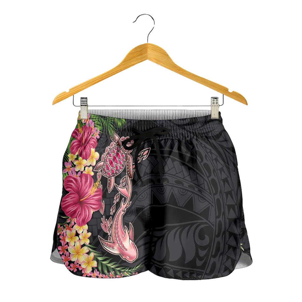 Hawaiian Tropical Plants Turtle and Shark Shorts for Women Polynesian Art Tattoo - Polynesian Pride