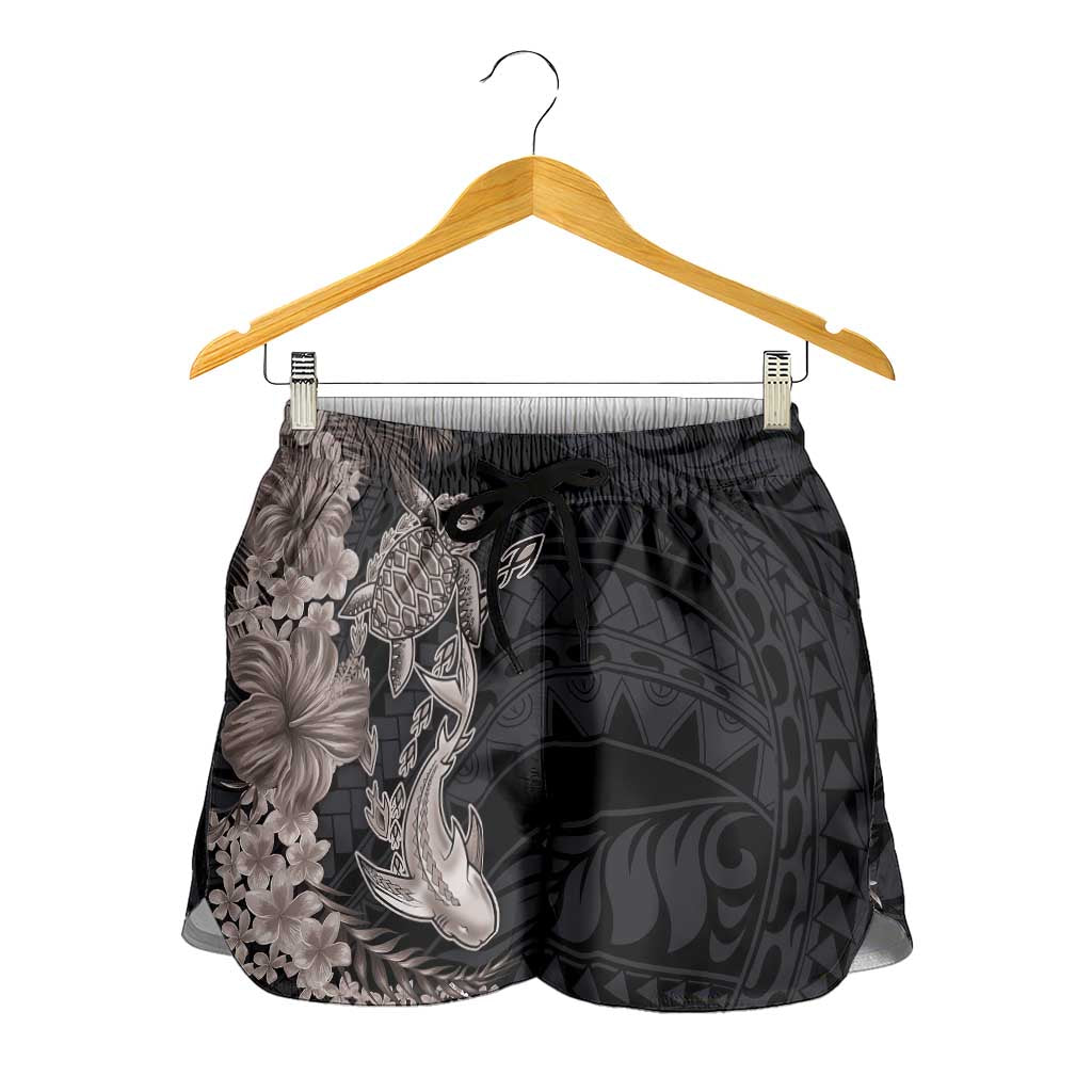 Hawaiian Tropical Plants Turtle and Shark Shorts for Women Polynesian Art Tattoo Grayscale Color - Polynesian Pride