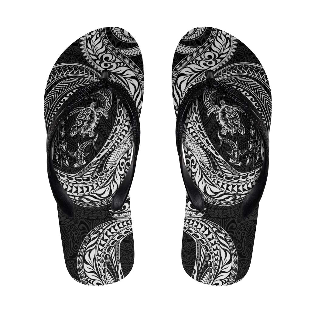 Hawaiian Turtle and Shark Flip Flops Kakau Tribal with Polynesian Pattern Black Color LT03 Black - Polynesian Pride