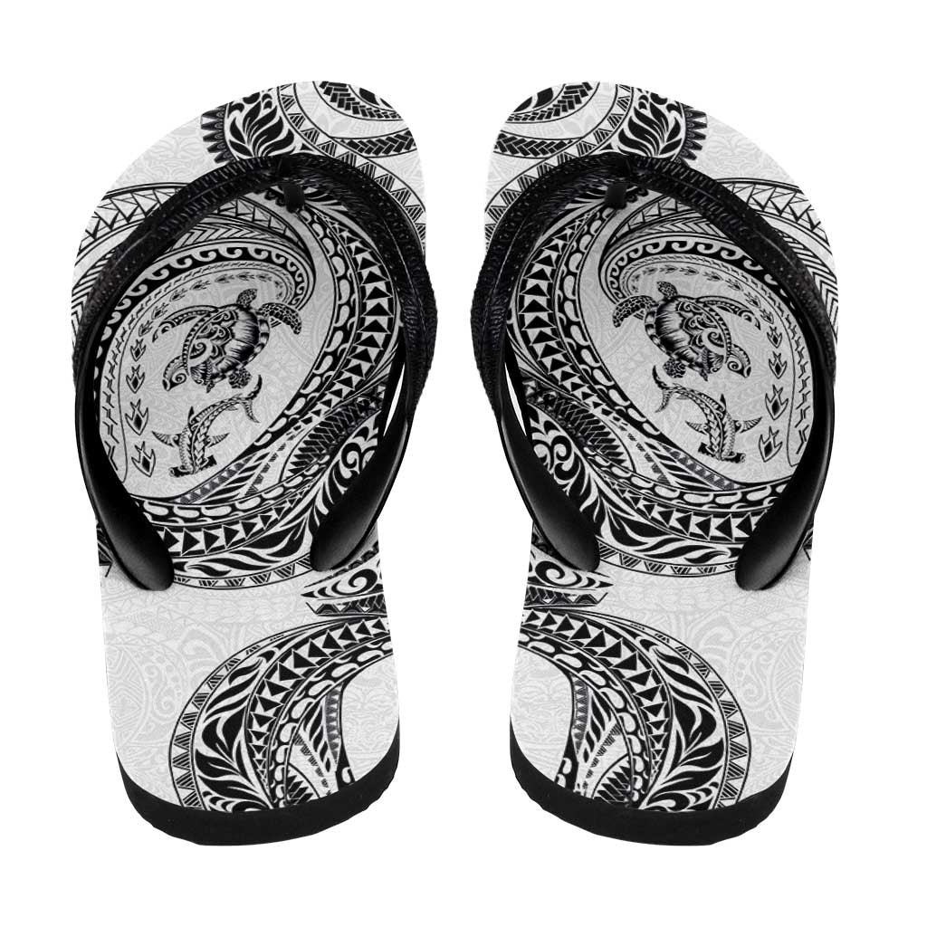 Hawaiian Turtle and Shark Flip Flops Kakau Tribal with Polynesian Pattern White Color LT03 - Polynesian Pride
