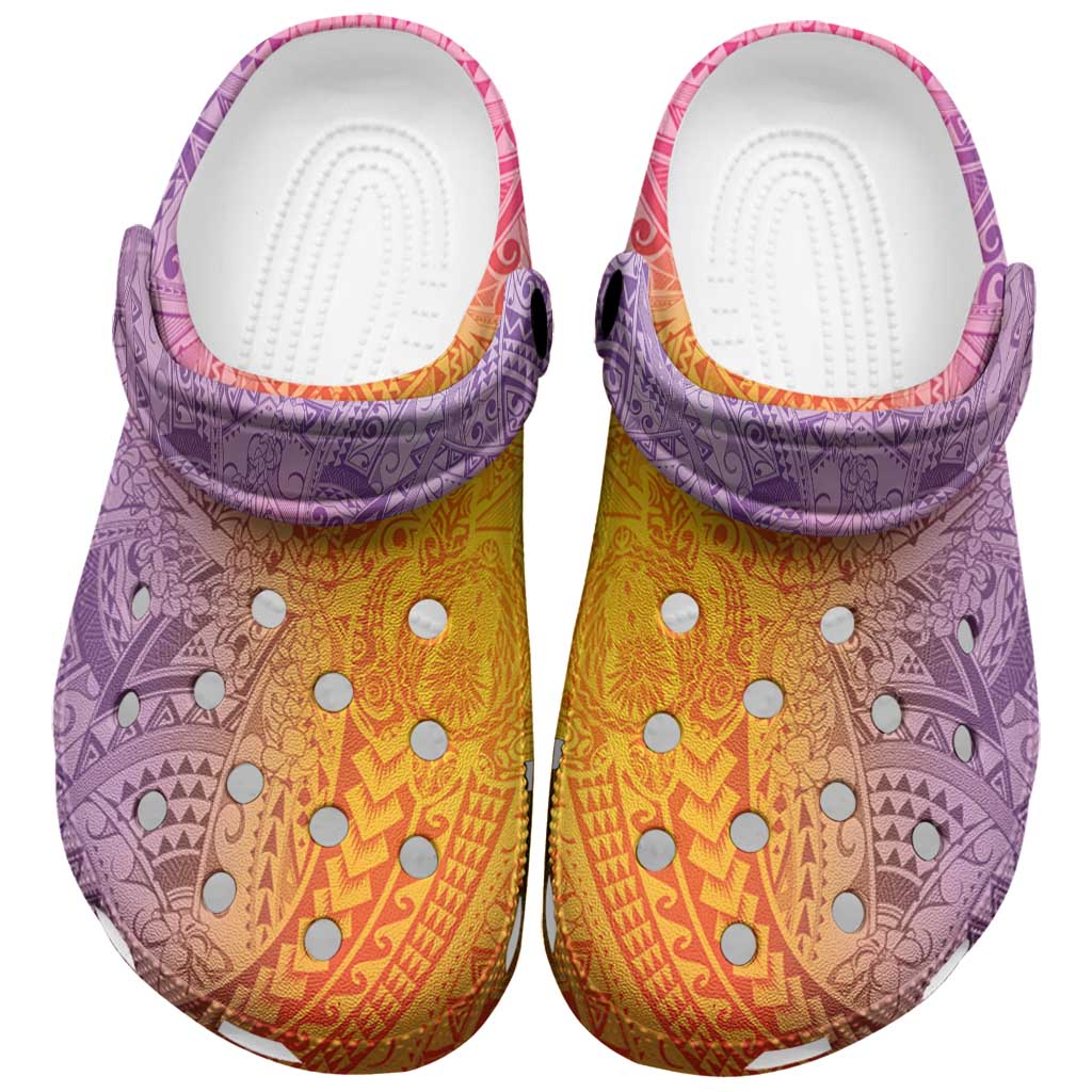 Hawaiian Turtles and Leis Clogs Shoes Tribal Kakau Pattern Magical Rainbow Sky