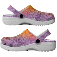 Hawaiian Turtles and Leis Clogs Shoes Tribal Kakau Pattern Magical Rainbow Sky