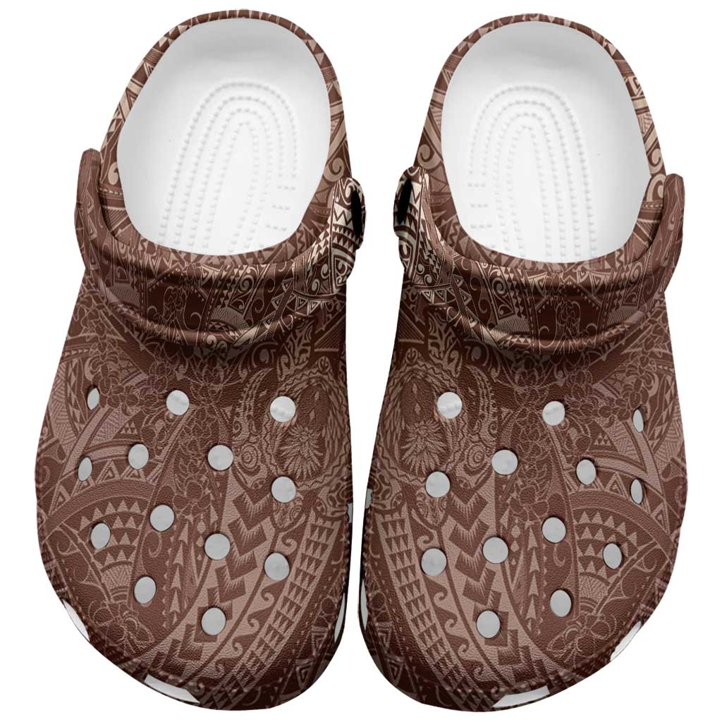Hawaiian Turtles and Leis Clogs Shoes Tribal Kakau Pattern Mocha Mousse Color