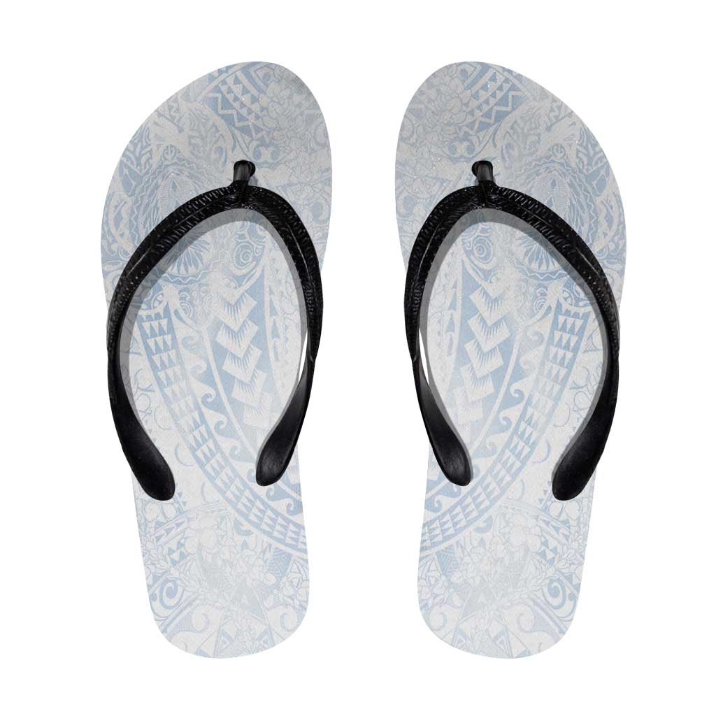 Hawaiian Turtles and Leis Flip Flops Tribal Kakau Pattern Airy White Blue Cloud Vibe