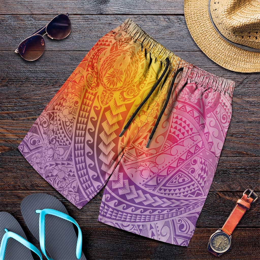 Hawaiian Turtles and Leis Shorts for Men Tribal Kakau Pattern Magical Rainbow Sky