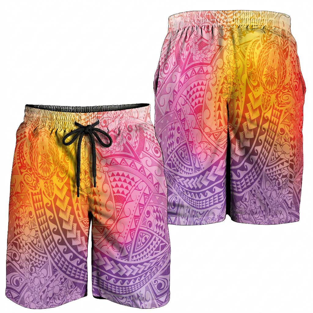 Hawaiian Turtles and Leis Shorts for Men Tribal Kakau Pattern Magical Rainbow Sky