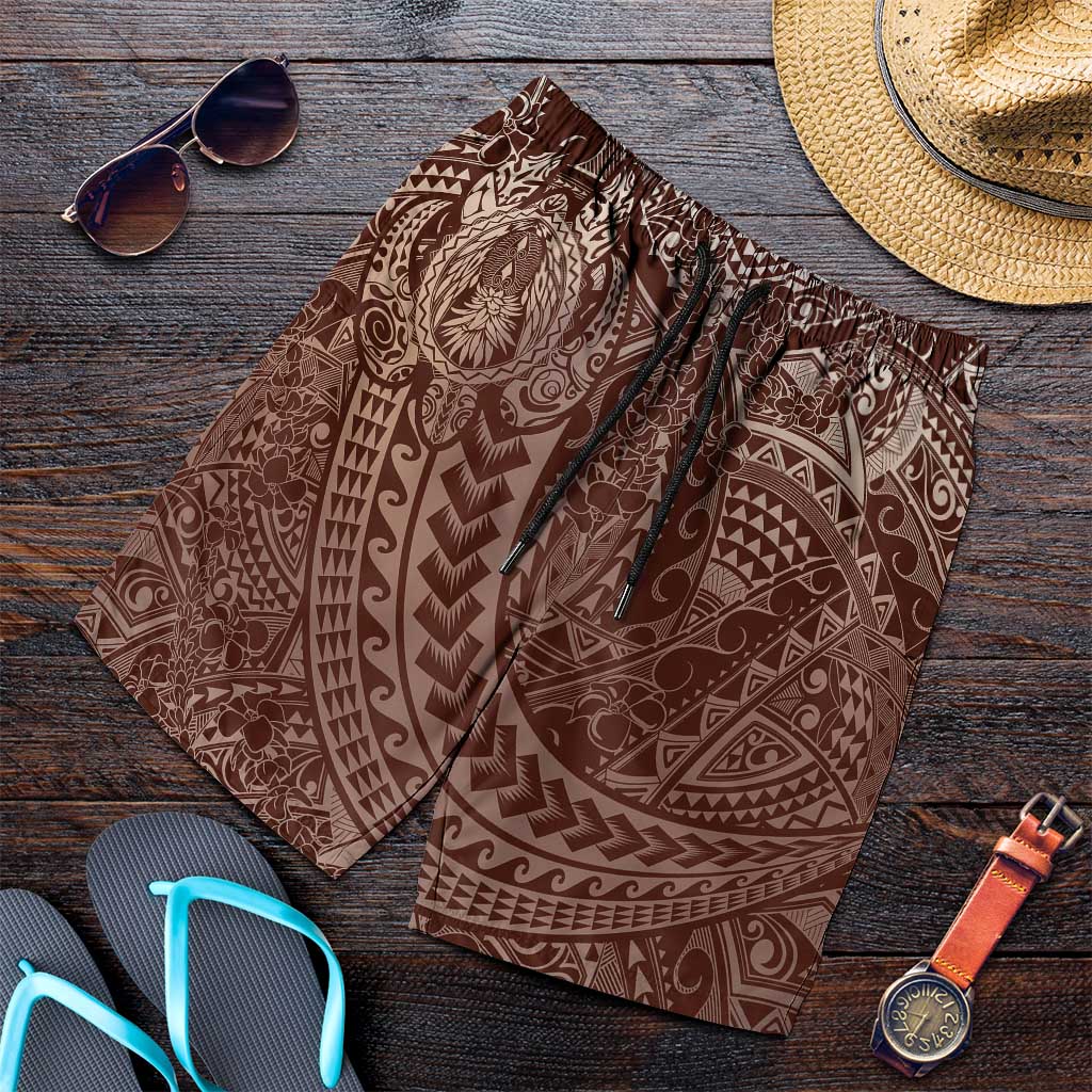 Hawaiian Turtles and Leis Shorts for Men Tribal Kakau Pattern Mocha Mousse Color