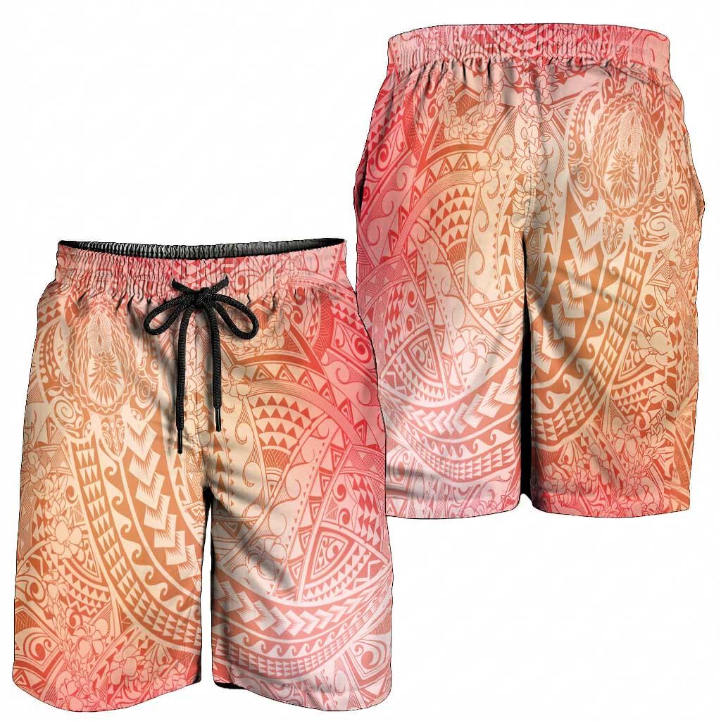 Hawaiian Turtles and Leis Shorts for Men Tribal Kakau Pattern Peach Fuzz Color