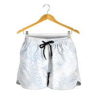 Hawaiian Turtles and Leis Shorts for Women Tribal Kakau Pattern Airy White Blue Cloud Vibe