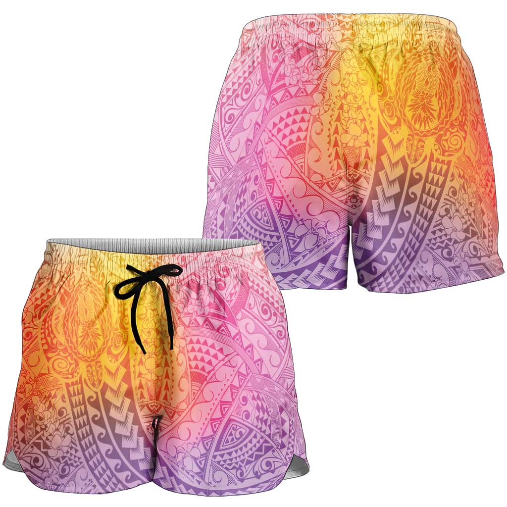 Hawaiian Turtles and Leis Shorts for Women Tribal Kakau Pattern Magical Rainbow Sky