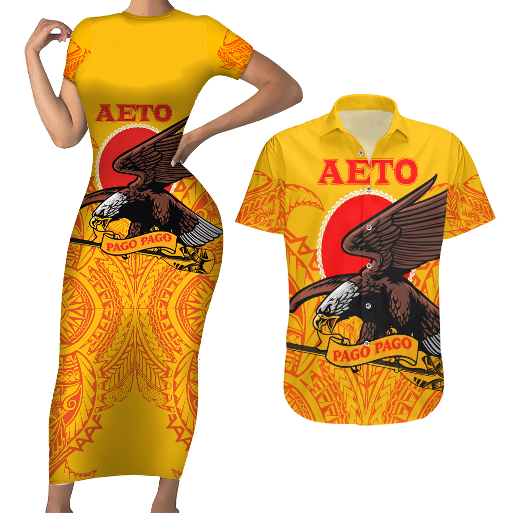 American Samoa Couples Matching Short Sleeve Bodycon Dress and Hawaiian Shirt Aeto Pago Pago Eagle LT03
