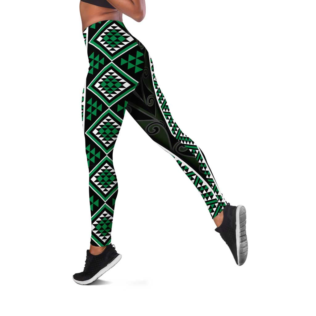 Jade Tukutuku Pattern Aotearoa Leggings Niho Taniwha and Puhoro Motifs LT7 Green - Polynesian Pride
