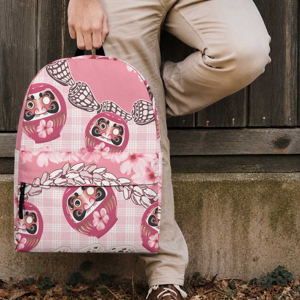 Japanese Daruma Doll Palaka Backpack Cherry Blossoms With Shell Lei LT14 - Polynesian Pride