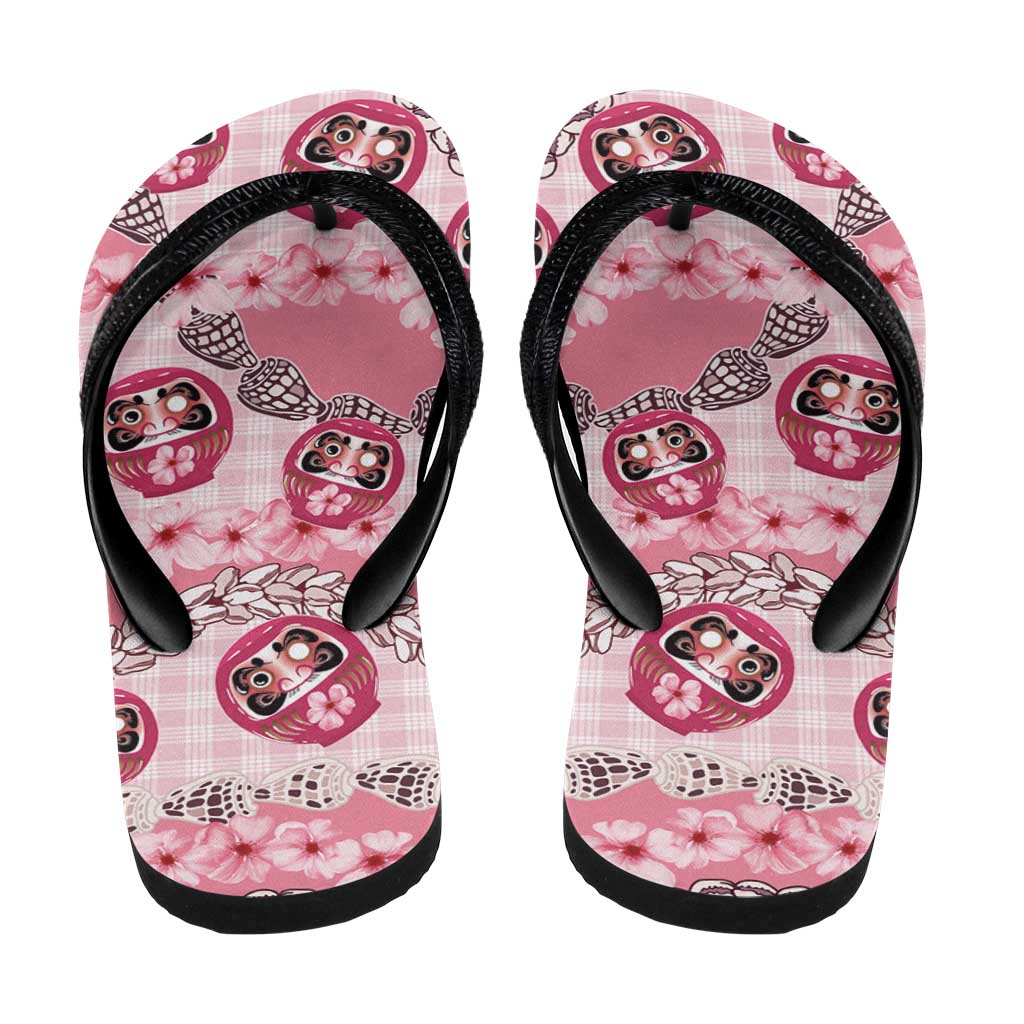Japanese Daruma Doll Palaka Flip Flops Cherry Blossoms With Shell Lei LT14 - Polynesian Pride