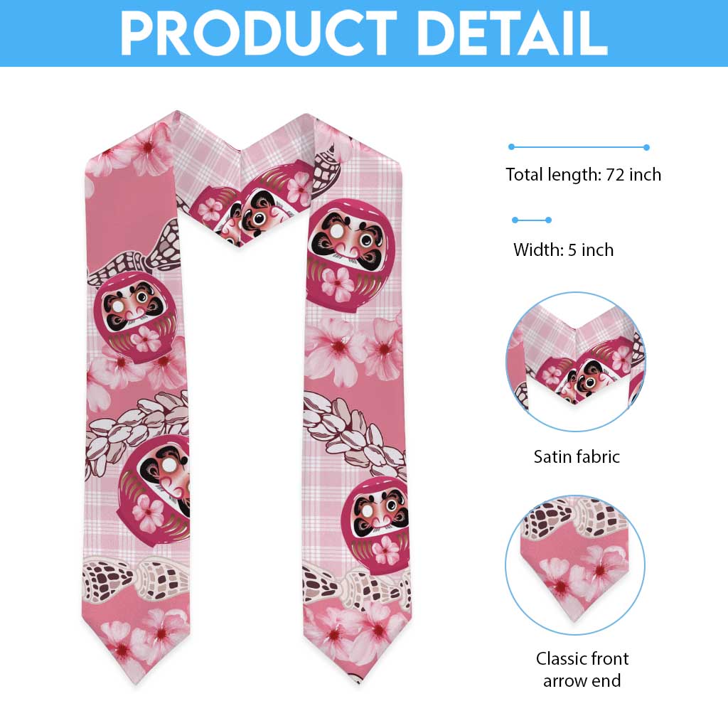 Japanese Daruma Doll Palaka Graduation Stole Cherry Blossoms With Shell Lei LT14 - Polynesian Pride