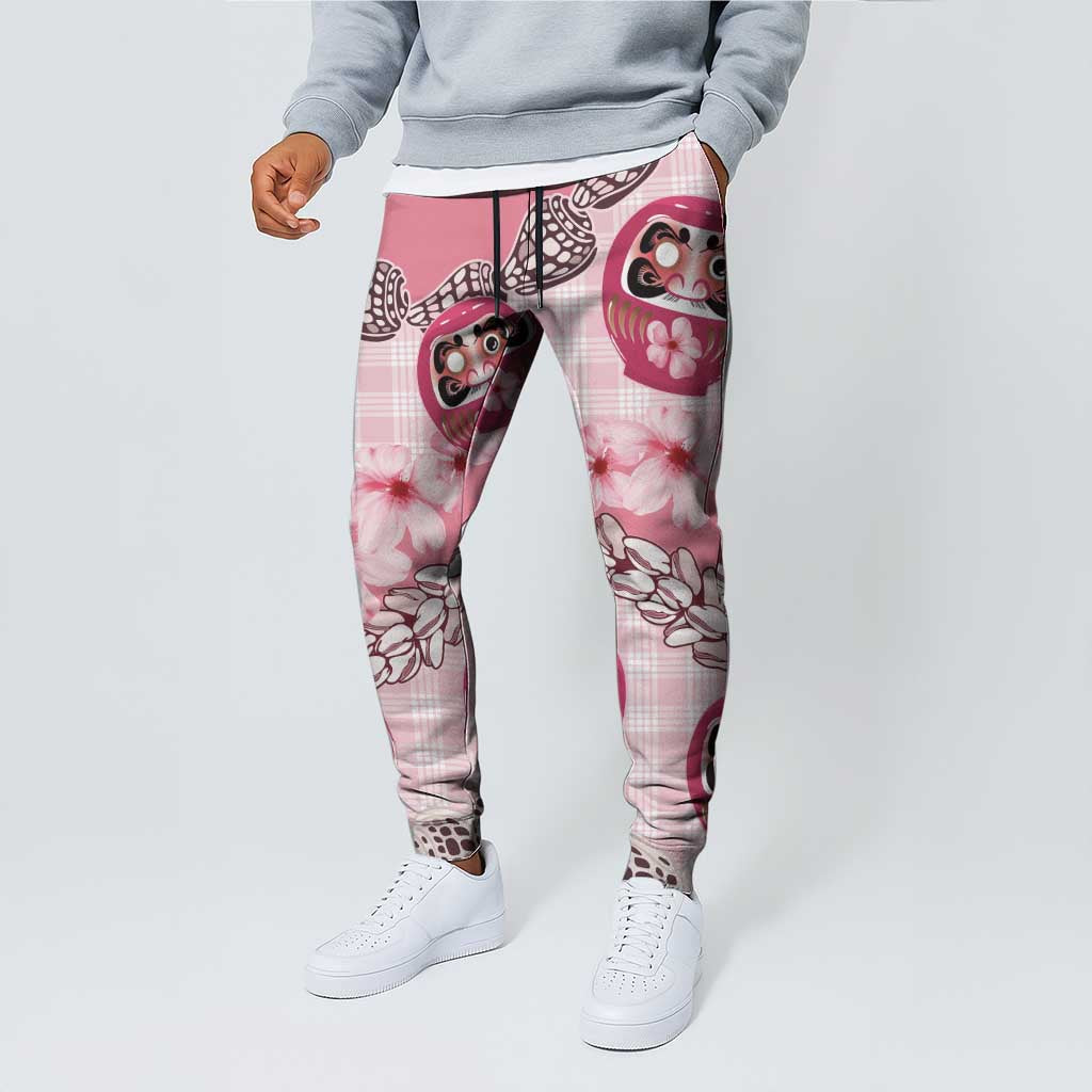 Japanese Daruma Doll Palaka Jogger Pants Cherry Blossoms With Shell Lei LT14 - Polynesian Pride