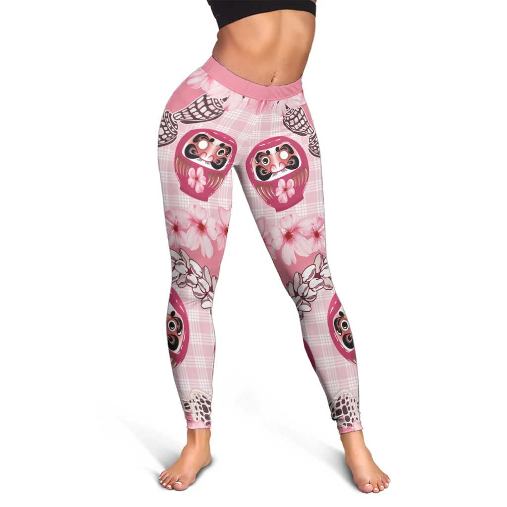 Japanese Daruma Doll Palaka Leggings Cherry Blossoms With Shell Lei LT14 - Polynesian Pride
