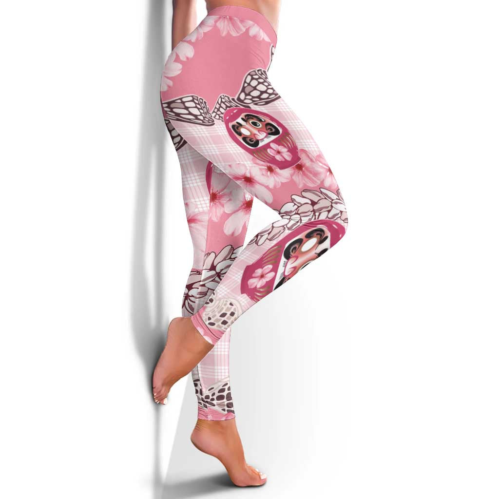 Japanese Daruma Doll Palaka Leggings Cherry Blossoms With Shell Lei LT14 - Polynesian Pride