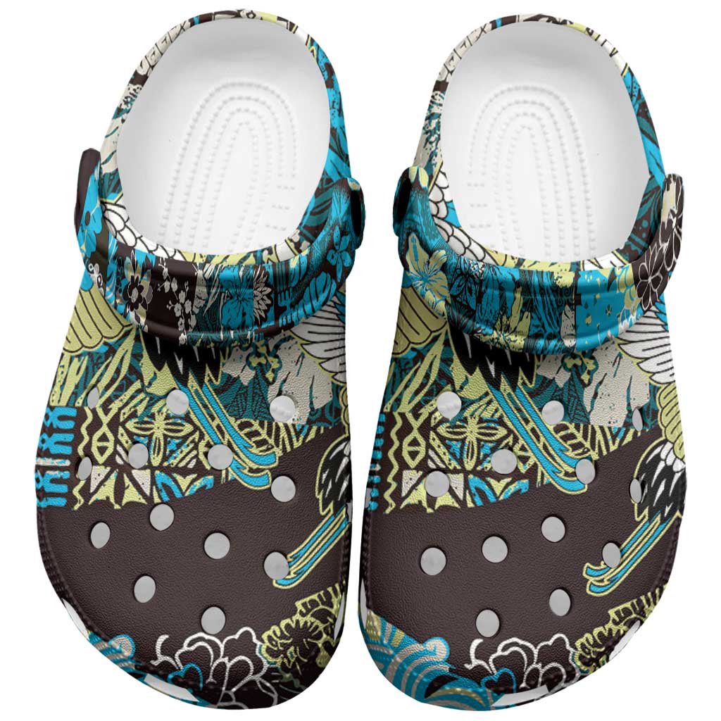 Japanese Hawaiian Crane Clogs Shoes Blue Tapa Patchwork Pattern LT9 Blue - Polynesian Pride