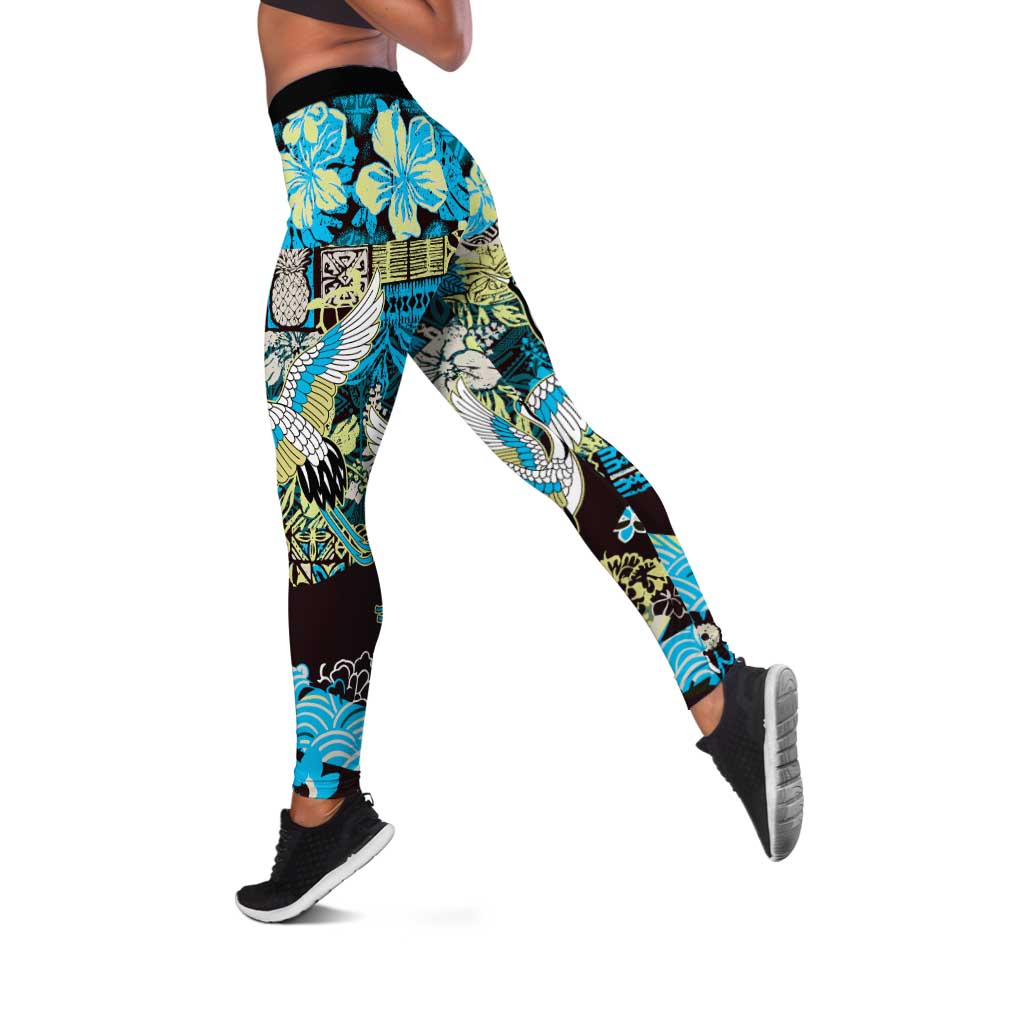 Japanese Hawaiian Crane Leggings Blue Tapa Patchwork Pattern