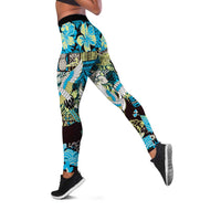 Japanese Hawaiian Crane Leggings Blue Tapa Patchwork Pattern