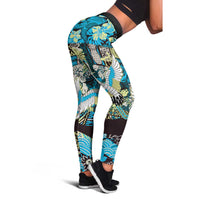 Japanese Hawaiian Crane Leggings Blue Tapa Patchwork Pattern