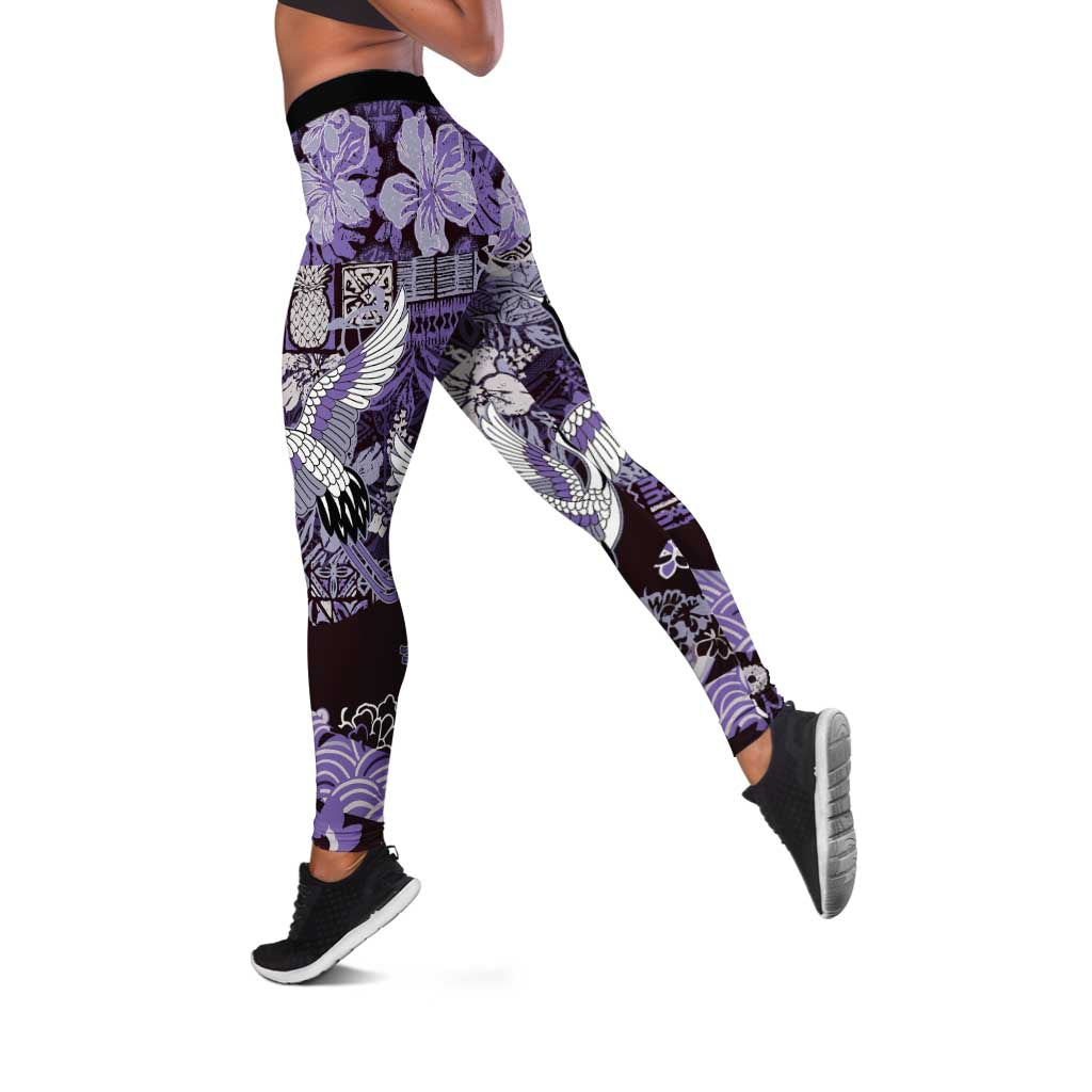 Japanese Hawaiian Crane Leggings Purple Tapa Patchwork Pattern