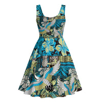 Japanese Hawaiian Crane Midi Dress Blue Tapa Patchwork Pattern LT9 - Polynesian Pride