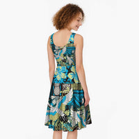 Japanese Hawaiian Crane Midi Dress Blue Tapa Patchwork Pattern LT9 - Polynesian Pride