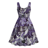 Japanese Hawaiian Crane Midi Dress Purple Tapa Patchwork Pattern