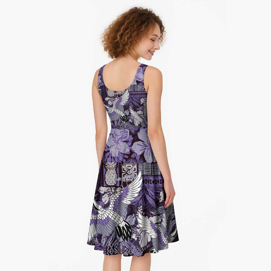 Japanese Hawaiian Crane Midi Dress Purple Tapa Patchwork Pattern