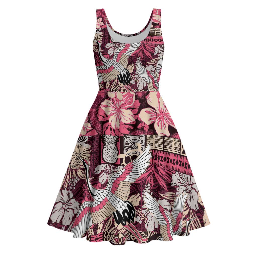 Japanese Hawaiian Crane Midi Dress Soft Pink Tapa Patchwork Pattern