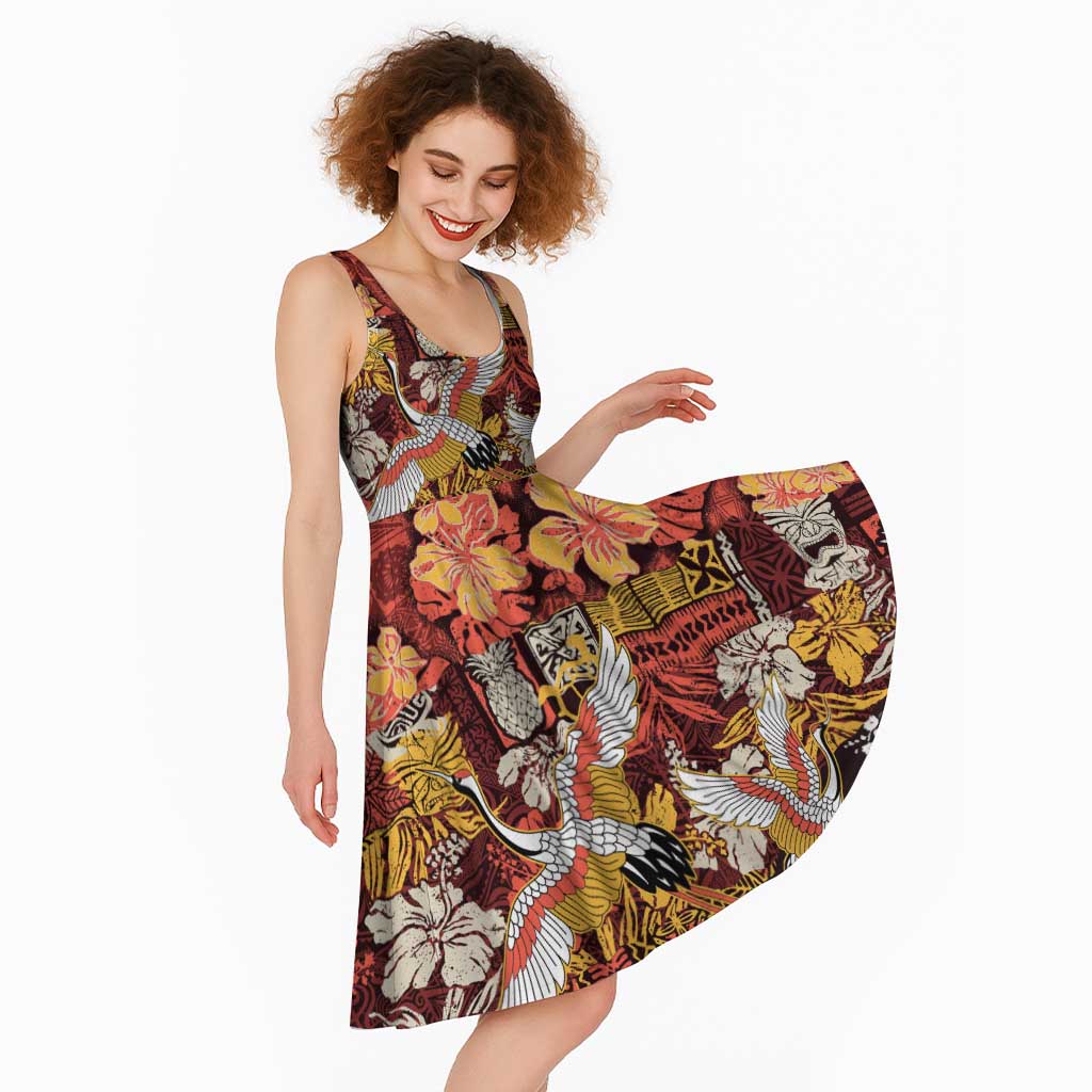 Japanese Hawaiian Crane Midi Dress Yellow Ochre Tapa Patchwork Pattern