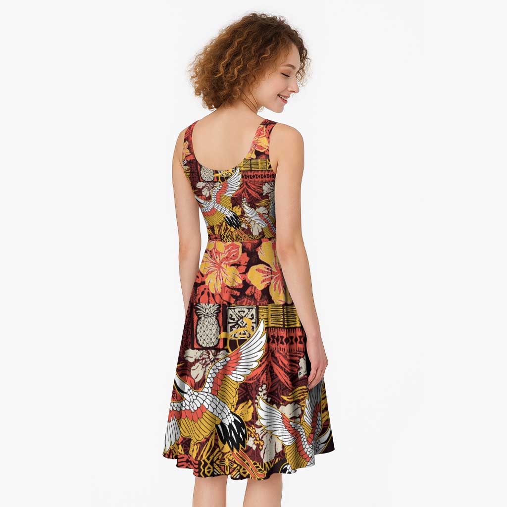 Japanese Hawaiian Crane Midi Dress Yellow Ochre Tapa Patchwork Pattern