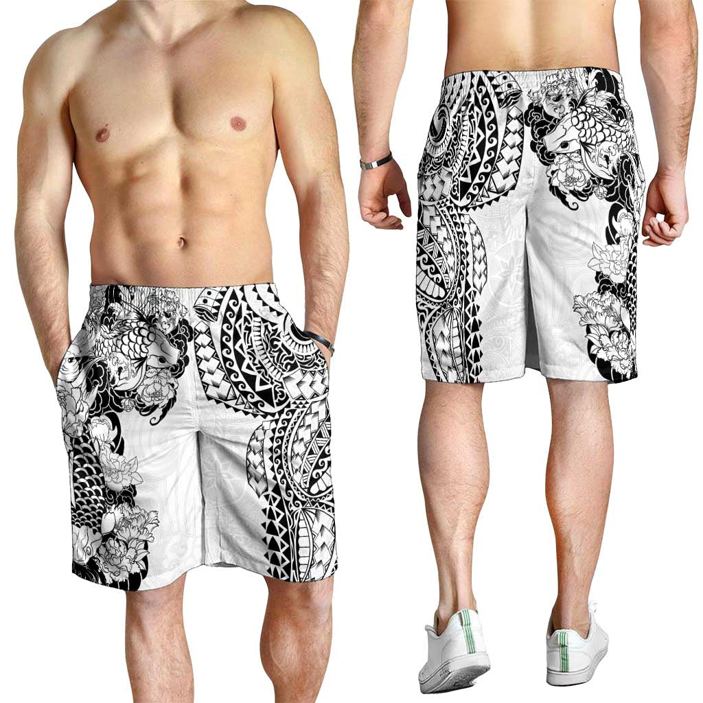 Japanese Irezumi and Hawaiian Polynesian Art Tattoo Shorts for Men White Color - Polynesian Pride