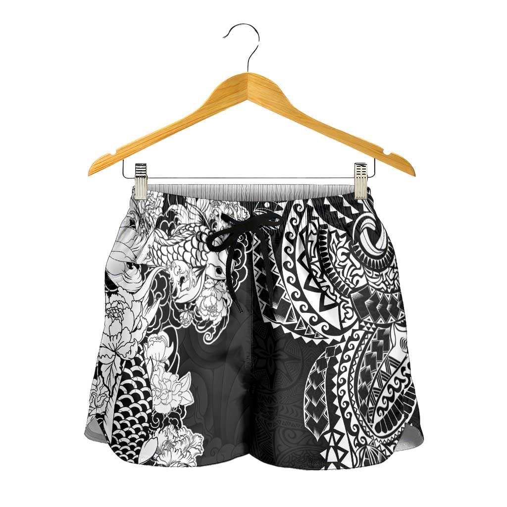 Japanese Irezumi and Hawaiian Polynesian Art Tattoo Shorts for Women Black Color - Polynesian Pride