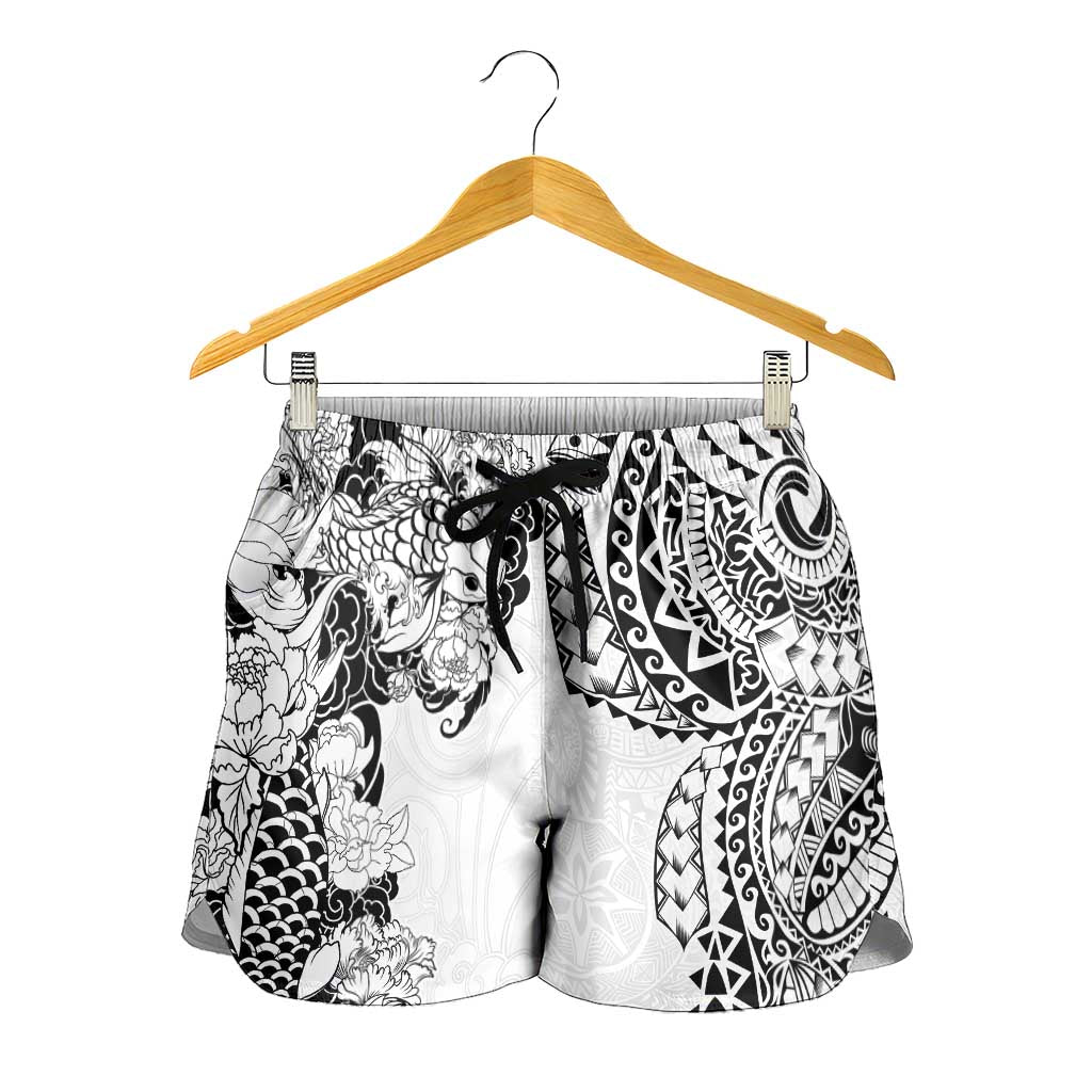 Japanese Irezumi and Hawaiian Polynesian Art Tattoo Shorts for Women White Color - Polynesian Pride