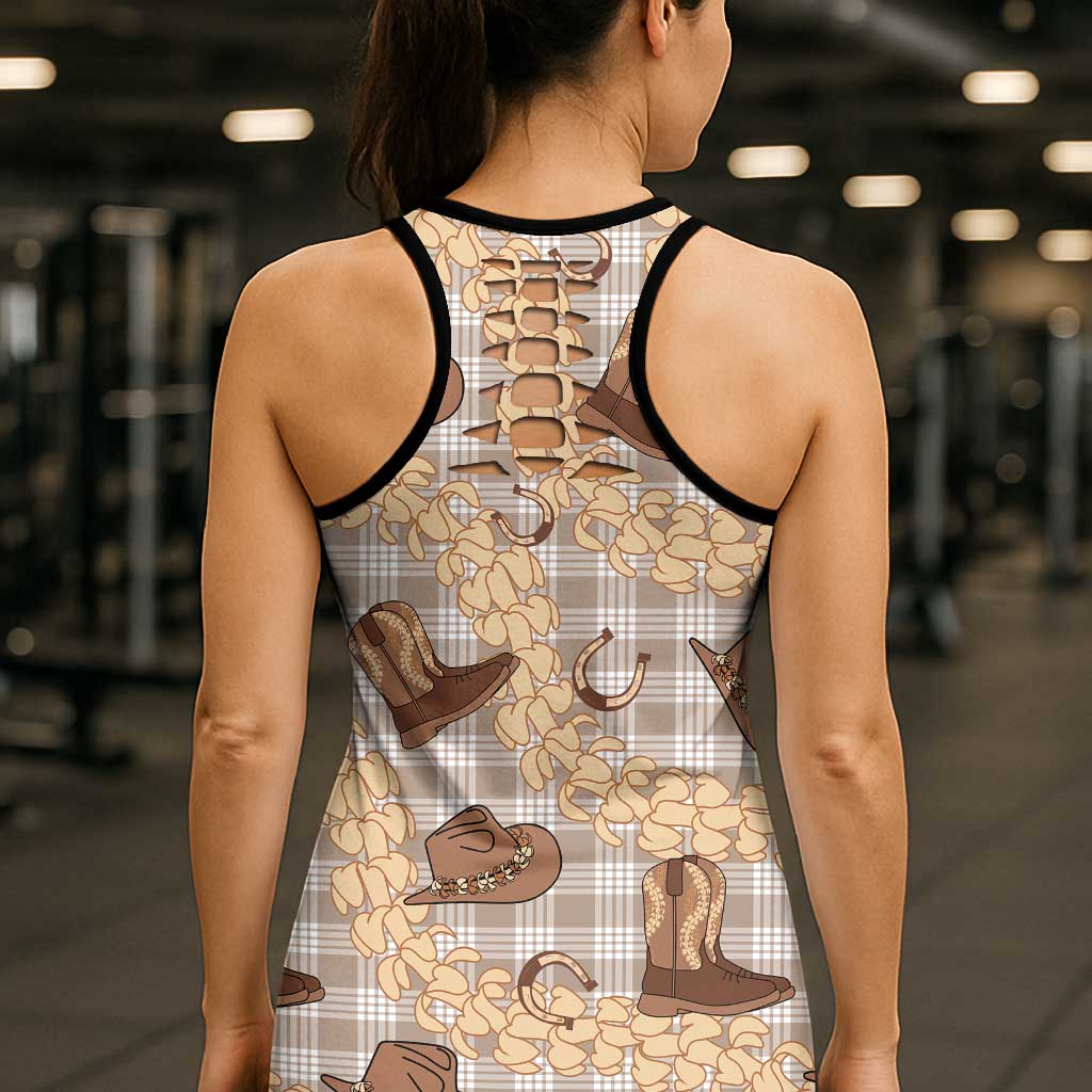 Khaki Palaka Hawaii Cowboy Hollow Tank Top Puakenikeni Lei Paniolo Papale Seamless Vibes LT14 - Polynesian Pride
