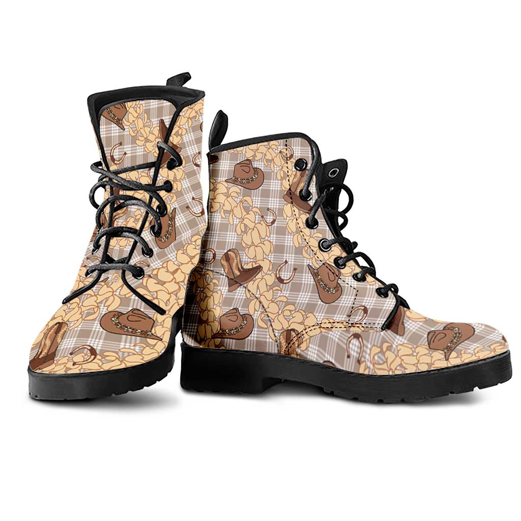 Khaki Palaka Hawaii Cowboy Leather Boots Puakenikeni Lei Paniolo Papale Seamless Vibes - Polynesian Pride