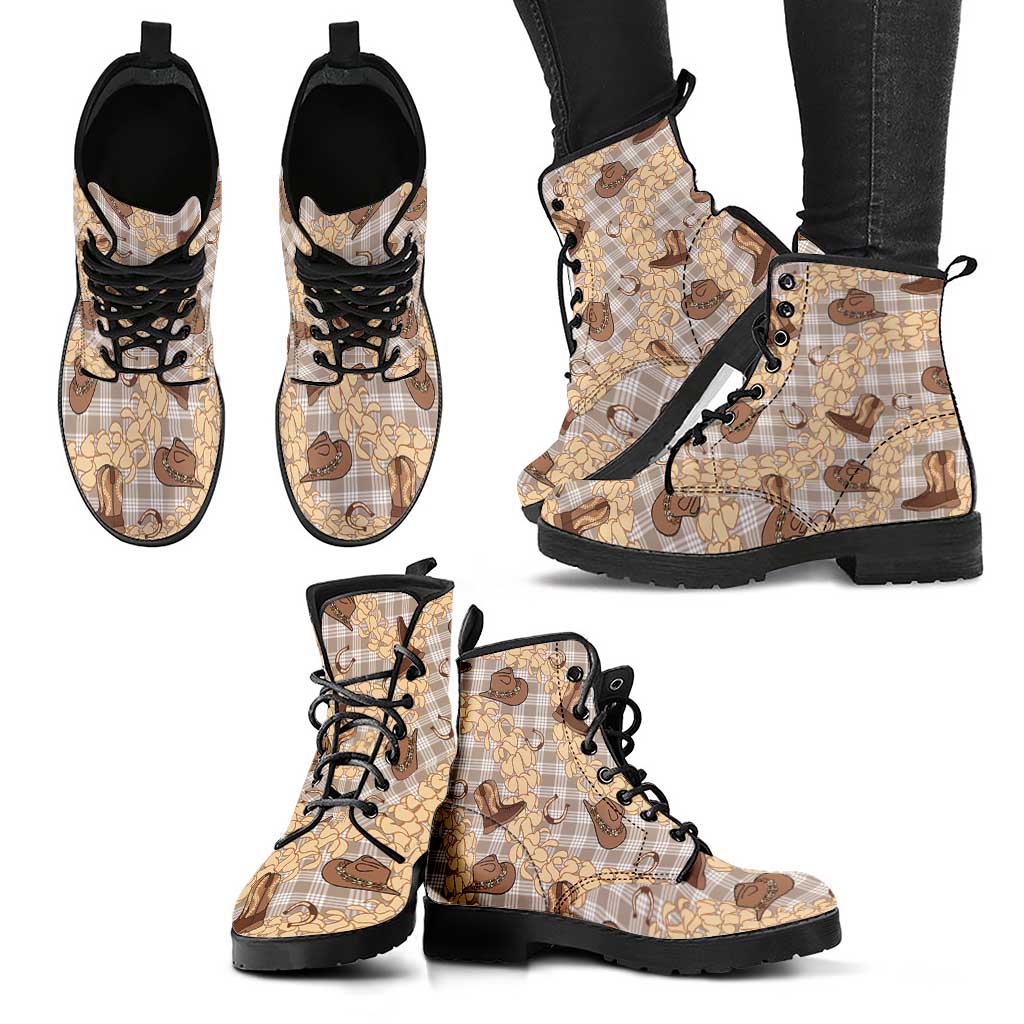 Khaki Palaka Hawaii Cowboy Leather Boots Puakenikeni Lei Paniolo Papale Seamless Vibes - Polynesian Pride