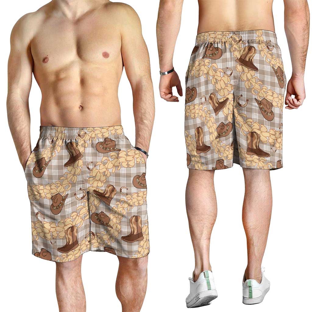Khaki Palaka Hawaii Cowboy Shorts for Men Puakenikeni Lei Paniolo Papale Seamless Vibes - Polynesian Pride