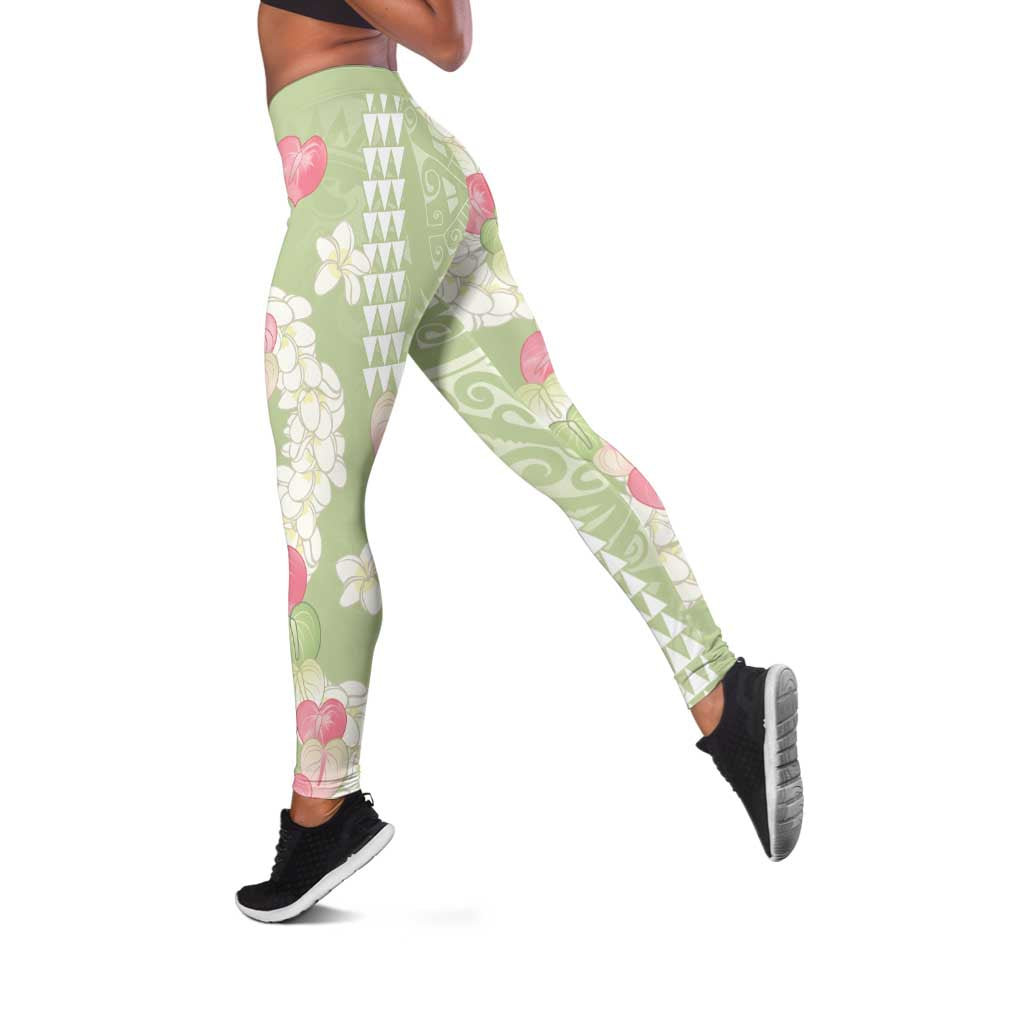 Leaf Green Hawaii Anthurium Plumeria Lei Leggings