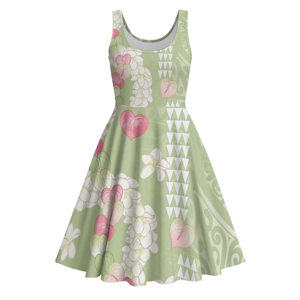 Leaf Green Hawaii Anthurium Plumeria Lei Midi Dress LT9 Green - Polynesian Pride