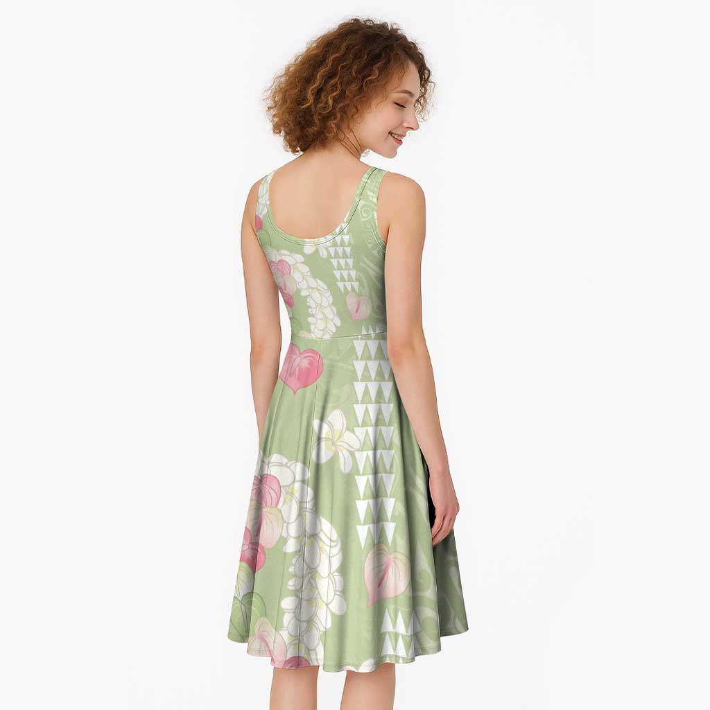 Leaf Green Hawaii Anthurium Plumeria Lei Midi Dress LT9 - Polynesian Pride